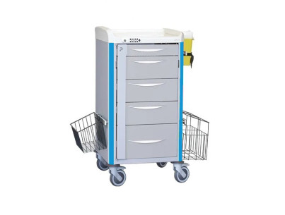 Chariot de soins NEOP 400x400 H100 5 tir. téles 1p/3m/1g-bleu céleste,serru.à code,poubel,panier,support récup.d'aiguilles
