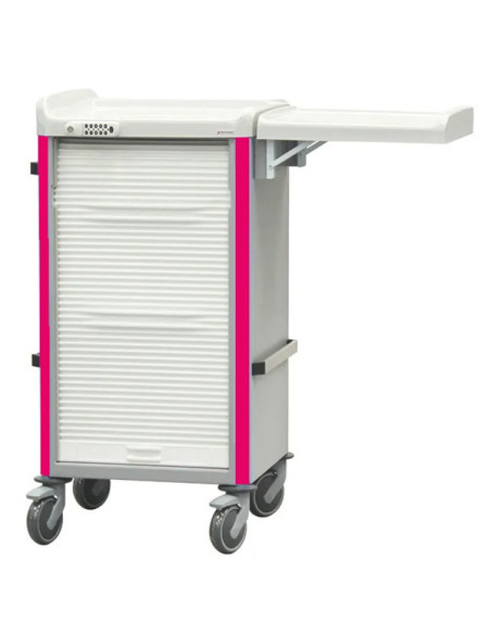 Chariot de soins NEOP 400x400 H100 5tir.jointif 1p/3m/1g-rose magenta,serru.à code,3 rails,1 tablette d'ex. rabatt,fer.rid