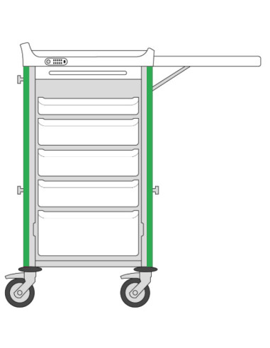 Neop 400x400 nursing trolley 5 attached drawers 1s/3m/1b-apple green, code lock,3 rails,folding exten.shelf,wrinkle closu Neop 400x400 nursing trolley 5 attached drawers 1s/3m/1b-apple green, code lock,3 rails,folding exten.shelf,wrinkle closu