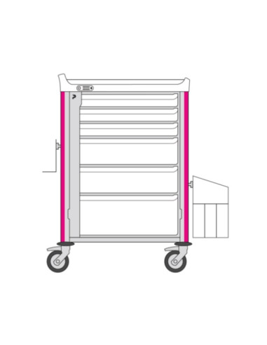 Neop 600x400 nursing trolley 6 attached drawers -magenta pink drawers: 3H75-2H155-1H235,needle collector holder,simp trash