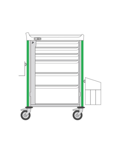 Neop 600x400 nursing trolley 6 attached drawers-apple green,drawers: 3H75-2H155-1H235,needle collector holder,simp trash