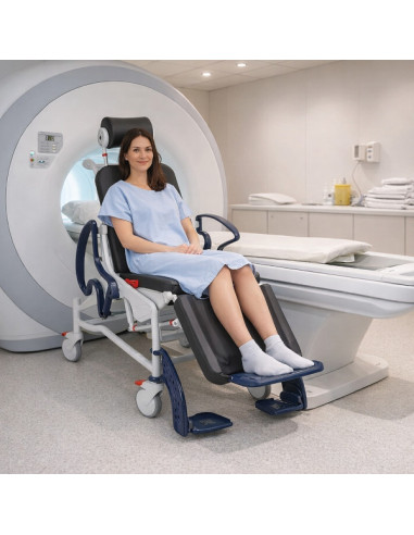 Multifunctional tilting patient transfer chair for 3-Tesla MRI.