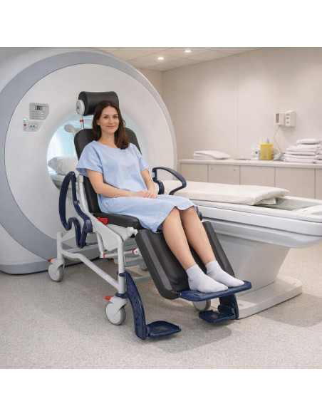 Multifunctional tilting patient transfer chair for 3-Tesla MRI.