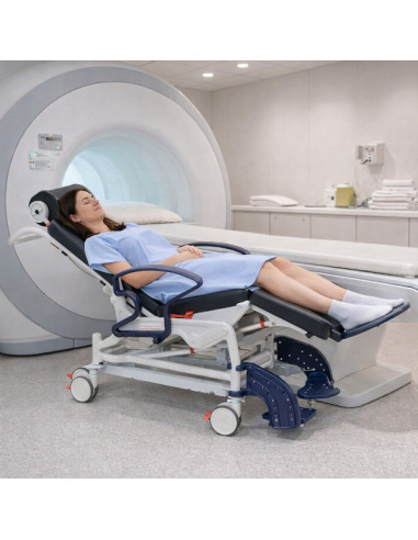 Multifunctional tilting patient transfer chair for 3-Tesla MRI. Multifunctional tilting patient transfer chair for 3-Tesla MRI.